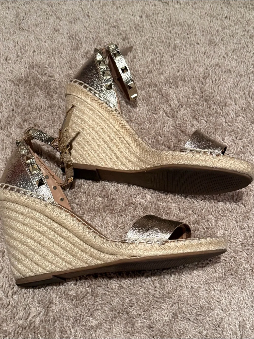 Steve Madden Metallic Gold Espadrille Wedge Sandals with Studded Ankle Straps